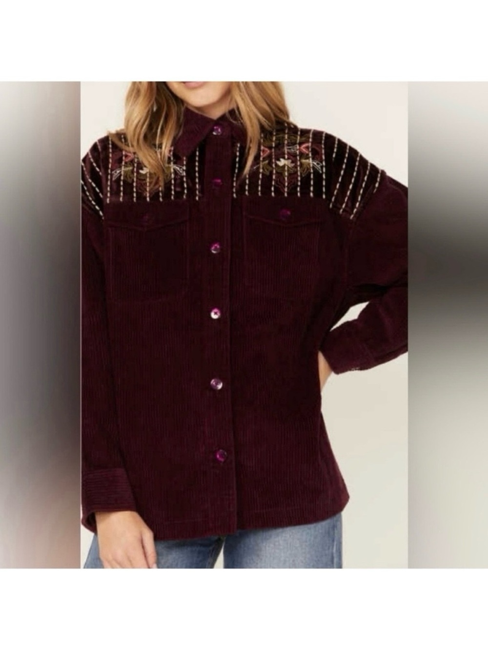 Cleo & wolf embroidered Corduroy Button-Up Jacket Western bohemian indie